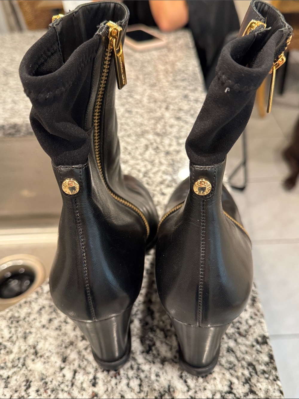 Michael Kors Black Leather Ankle Booties with Gold Hardware